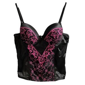 Just‎ Sexy Y2K Corset Bustier Black Hot Pink Embroidered Size 36L Goth Grunge